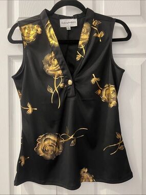 Alex & Parker Black Sleeveless V-Neck Cami with Gold Rose Print